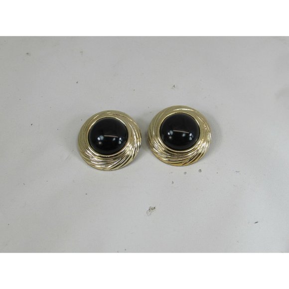 Vintage  Black Cabochon Button Clip on Earrings Gold Tone 52176 - Picture 4 of 4